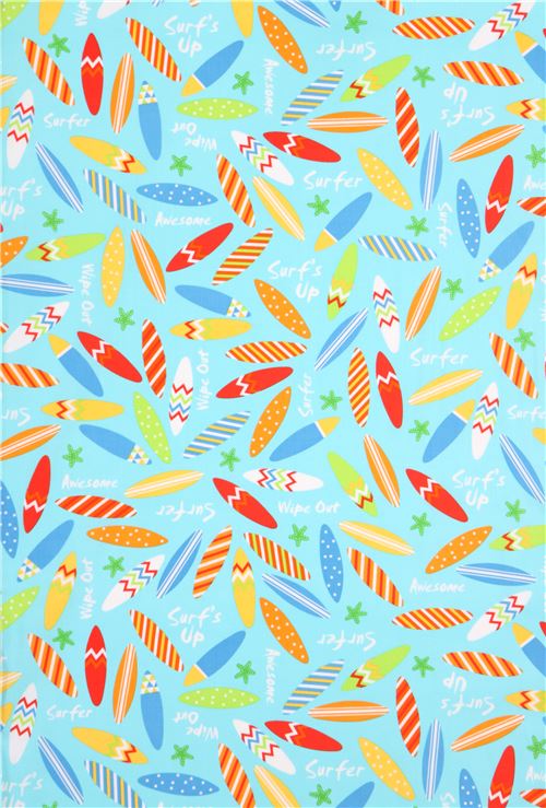 light blue Robert Kaufman fabric cute colorful surfboard Sea and Sun 4