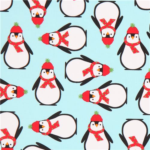 light blue Robert Kaufman fabric cute penguin hat scarf Jingle 4 1