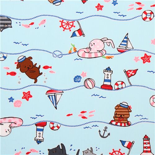 light blue animal sailor oxford fabric par Kokka from Japan 1