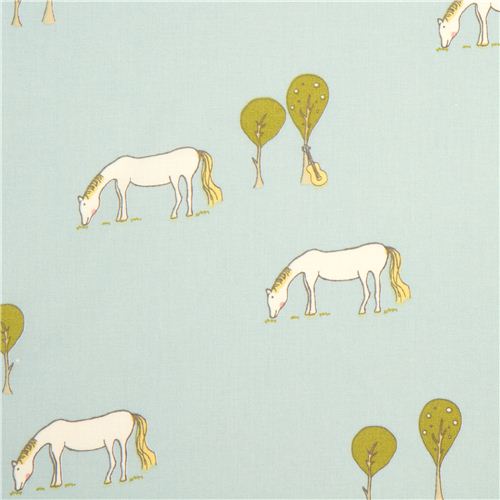Tissu bio Birch bleu clair avec des chevaux Tissu
