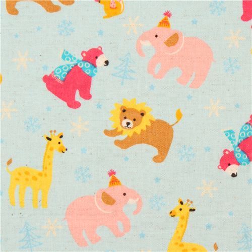 Light Blue Brushed Canvas Lion Giraffe Snowflake Fabric By Kokka From Japan Modes4u