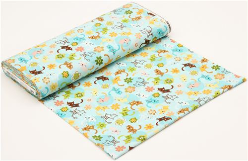 light blue cats and flowers fabric by Robert Kaufman 3