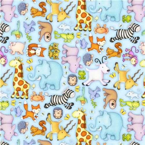 light blue colorful giraffe zebra elephant animal fabric by Henry Glass 2