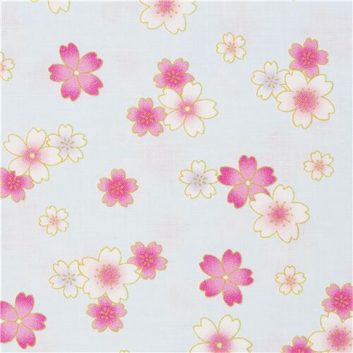 Tela azul claro de algodón con flores de cerezo sakura blancas y rosas de  Japón - modesS4u