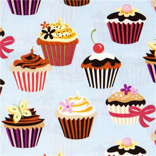 light blue cupcakes fabric cherry Robert Kaufman kawaii 1