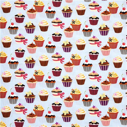 light blue cupcakes fabric cherry Robert Kaufman kawaii 2