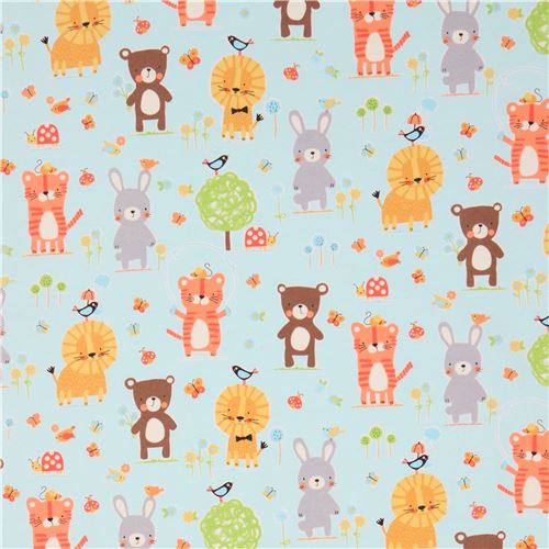 light blue cute rabbit lion Michael Miller animal flannel fabric from ...