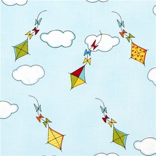 light blue designer fabric with colourful kites and clouds 1