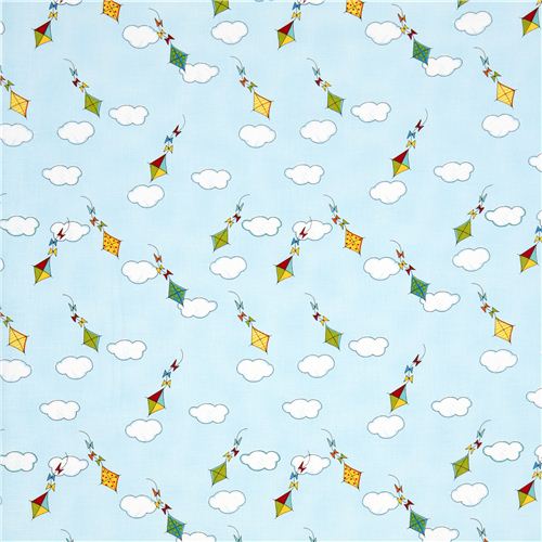 light blue designer fabric with colourful kites and clouds 2