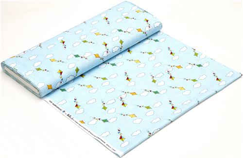 light blue designer fabric with colourful kites and clouds 3
