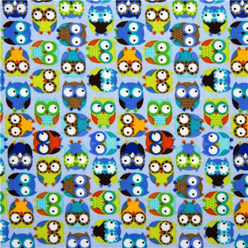 light blue designer flannel fabric with small colourful owls 2