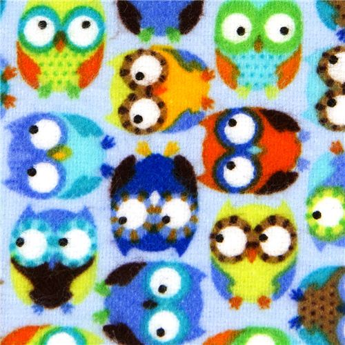 hellblauer Designer Flannellstoff mit kleinen bunten Eulen 4