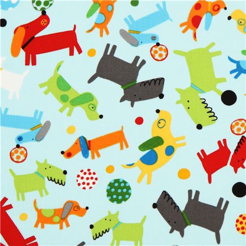 light blue dogs and balls fabric par Robert Kaufman 1