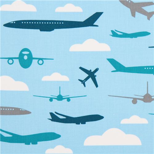 light blue fabric for boys with airplanes by Robert Kaufman 1