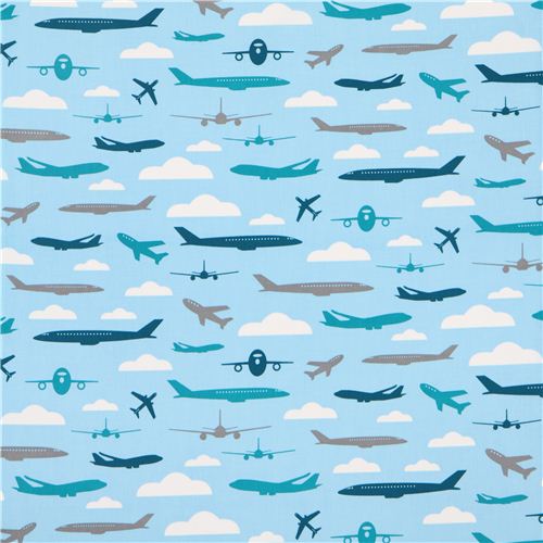 light blue fabric for boys with airplanes by Robert Kaufman 2