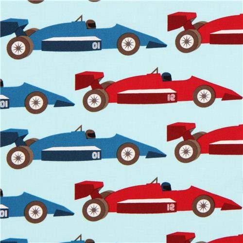 Light Blue Fabric For Boys With Racing Car By Robert Kaufman - Modes4u