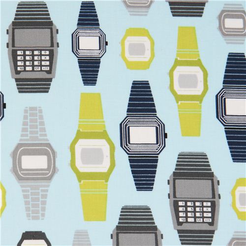 light blue fabric for boys with wrist watches Robert Kaufman 1