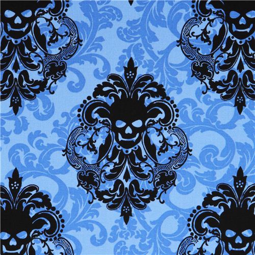 light blue fabric with blue black leaf and Skulls 'Goth Damask' Michael Miller  2