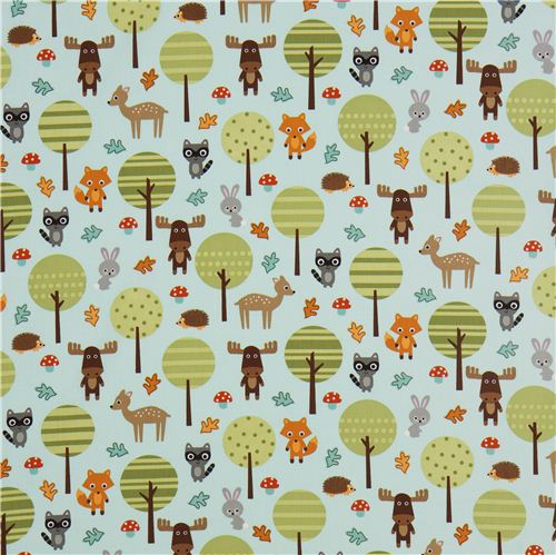 light blue forest animal fabric by Robert Kaufman USA kawaii 2