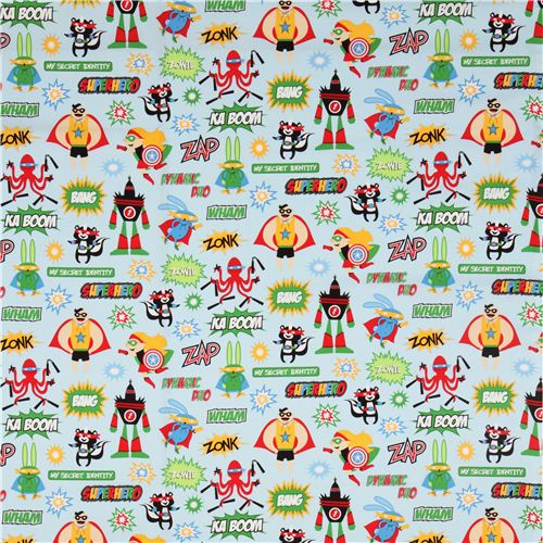 light blue funny superheroes fabric by Robert Kaufman 2