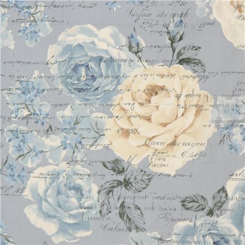 Tela reto azul gris claro con rosas azules y crema de Quilt Gate - modesS4u