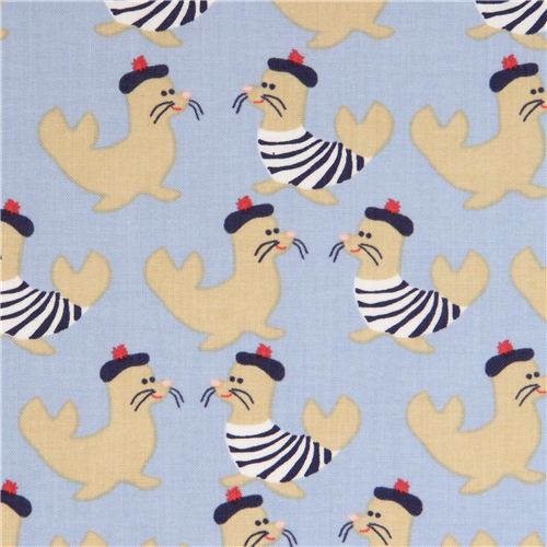 light blue maritime 'French Seals' animal fabric by Dear Stella USA -  modeS4u