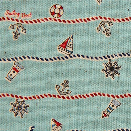 hellblauer maritimer Leinenstoff Anker Schiff Leuchtturm Stoff