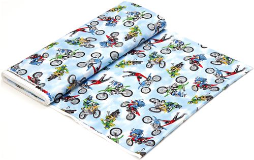 hellblauer Motorrad Motocross Timeless Treasures Stoff USA Fabric