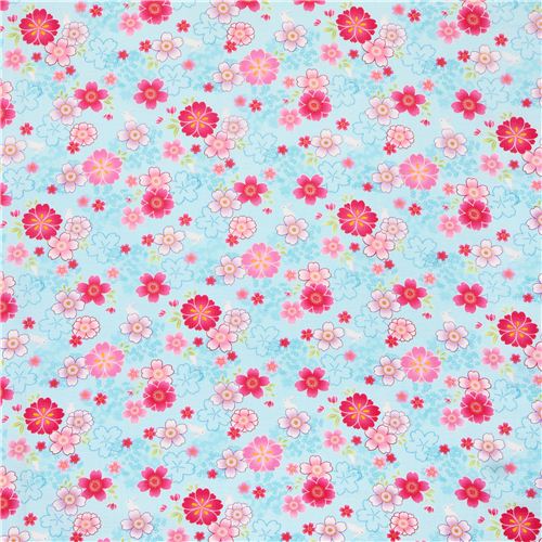light blue patterned Asia flower poplin fabric from Japan 3