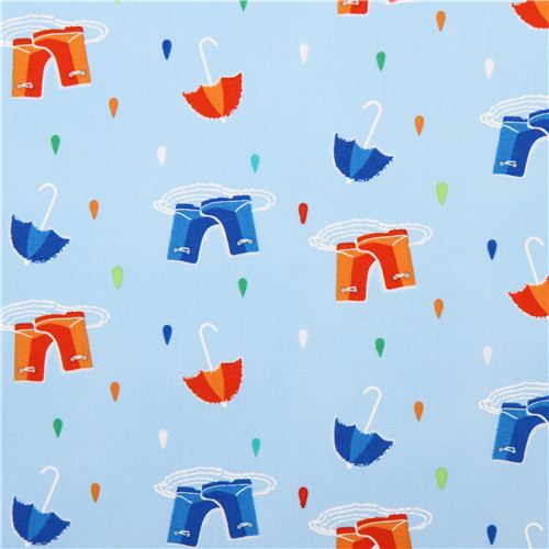 light blue raindrop fabric with umbrellas boots design Michael Miller 1