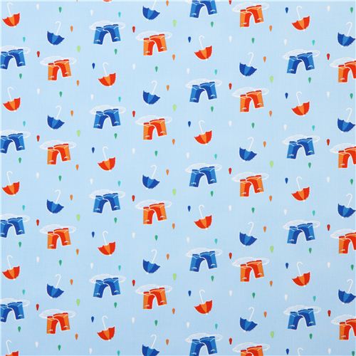 light blue raindrop fabric with umbrellas boots design Michael Miller 2