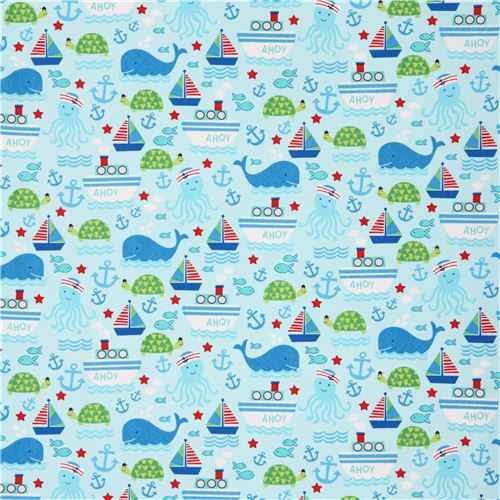 light blue ship whale octopus sea fabric by Timeless Treasures - modeS4u