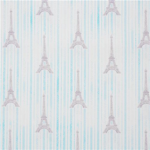 Hellblau gestreifter Baumwollstoff Paris Eiffelturm Stoff