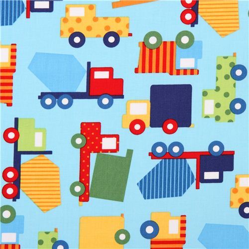 light blue truck construction vehicle car fabric Robert Kaufman Ready