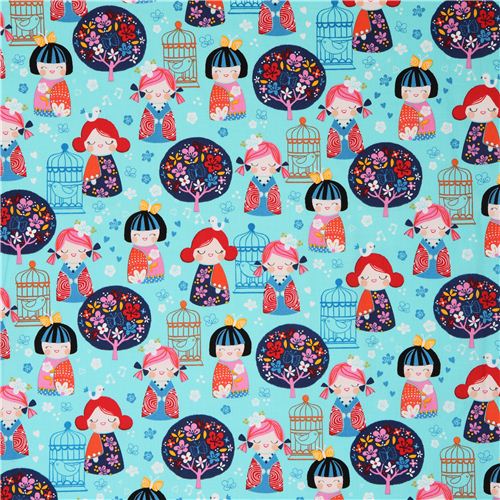light blue turquoise kimono doll asia flower fabric by Robert Kaufman  2