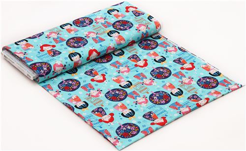 light blue turquoise kimono doll asia flower fabric by Robert Kaufman  3