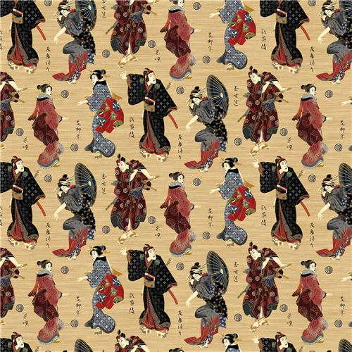 light brown fabric people gold metallic by Northcott Studios Kabuki 2