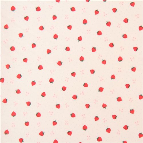 light cream Lecien fabric cute small strawberry cherry tiny blue dot ...