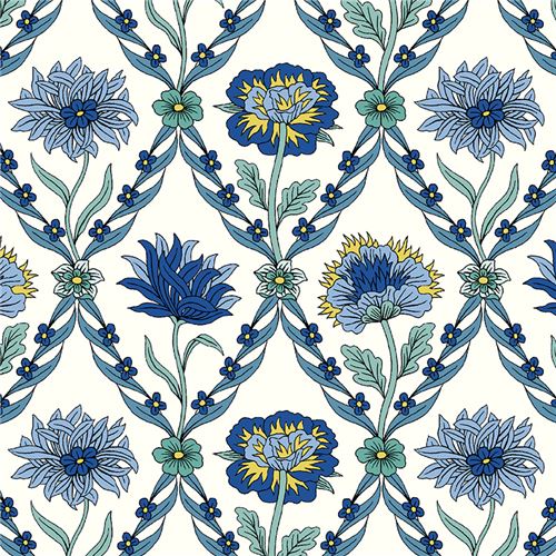 light cream and blue diamond vine and flower pattern fabric by Liberty  Fabrics - modeS4u