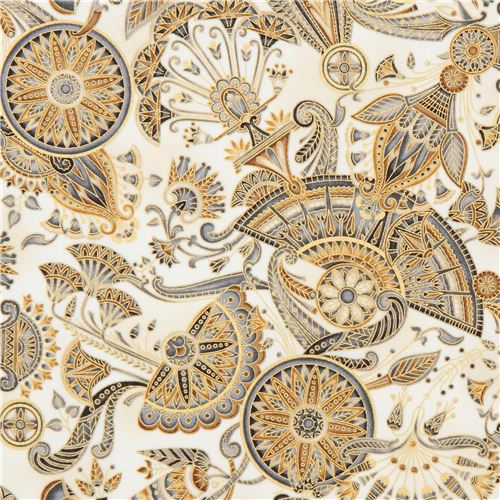 light cream brown grey flower circle metallic fabric Robert Kaufman Studio RK 1