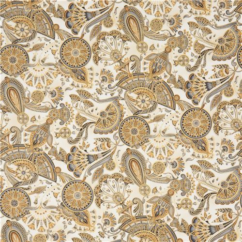 light cream brown grey flower circle metallic fabric Robert Kaufman Studio RK 2