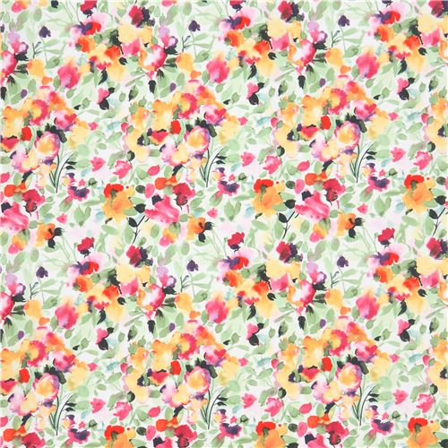 light cream fabric colorful pink orange flower green leaf by Dear