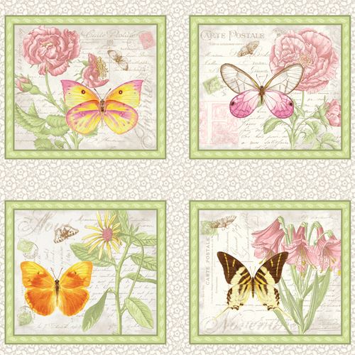 light cream grey butterfly flower rectangle frame fabric by Henry Glass ...