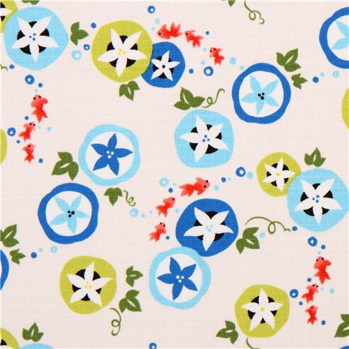 light cream structured Asia flower leaf fish Kokka Dobby fabric 1