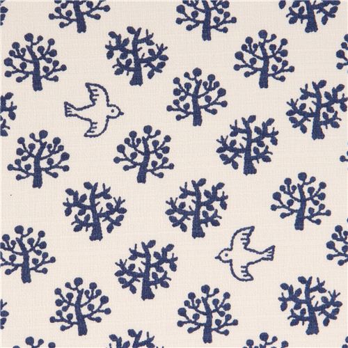 light cream structured blue bird tree Kokka Dobby fabric 1