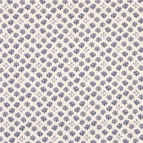 light cream structured blue bird tree Kokka Dobby fabric 2