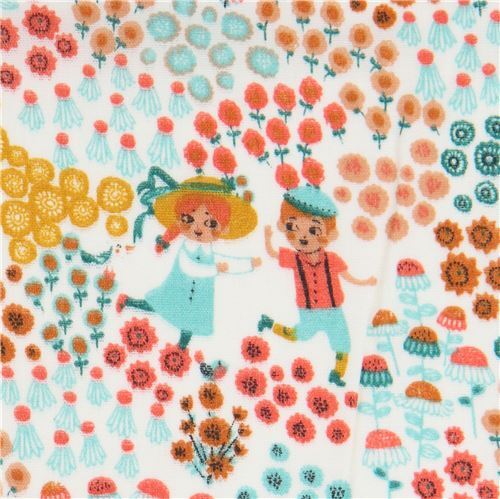 Tissu bio birch double gaze crme clair avec des enfants, des petites fleurs Tissu