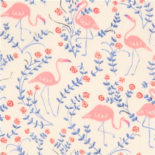 light cream with pink flamingo flower birch Double Gauze organic fabric USA 1