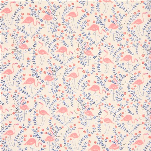 light cream with pink flamingo flower birch Double Gauze organic fabric ...