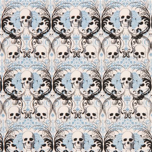 Hellcremefarbener Totenkopf blaue Blume Jerseystoff Alexander Henry Regent Skull Stoff